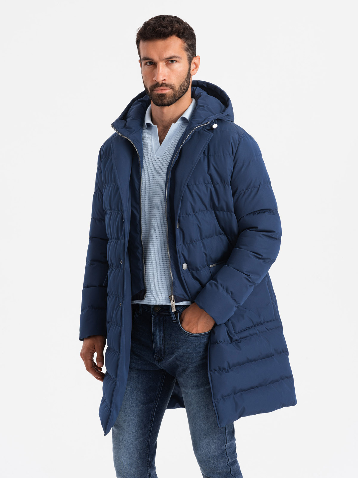 Ombre Men&#039;s long quilted jacket with lapels and lining - dark blue