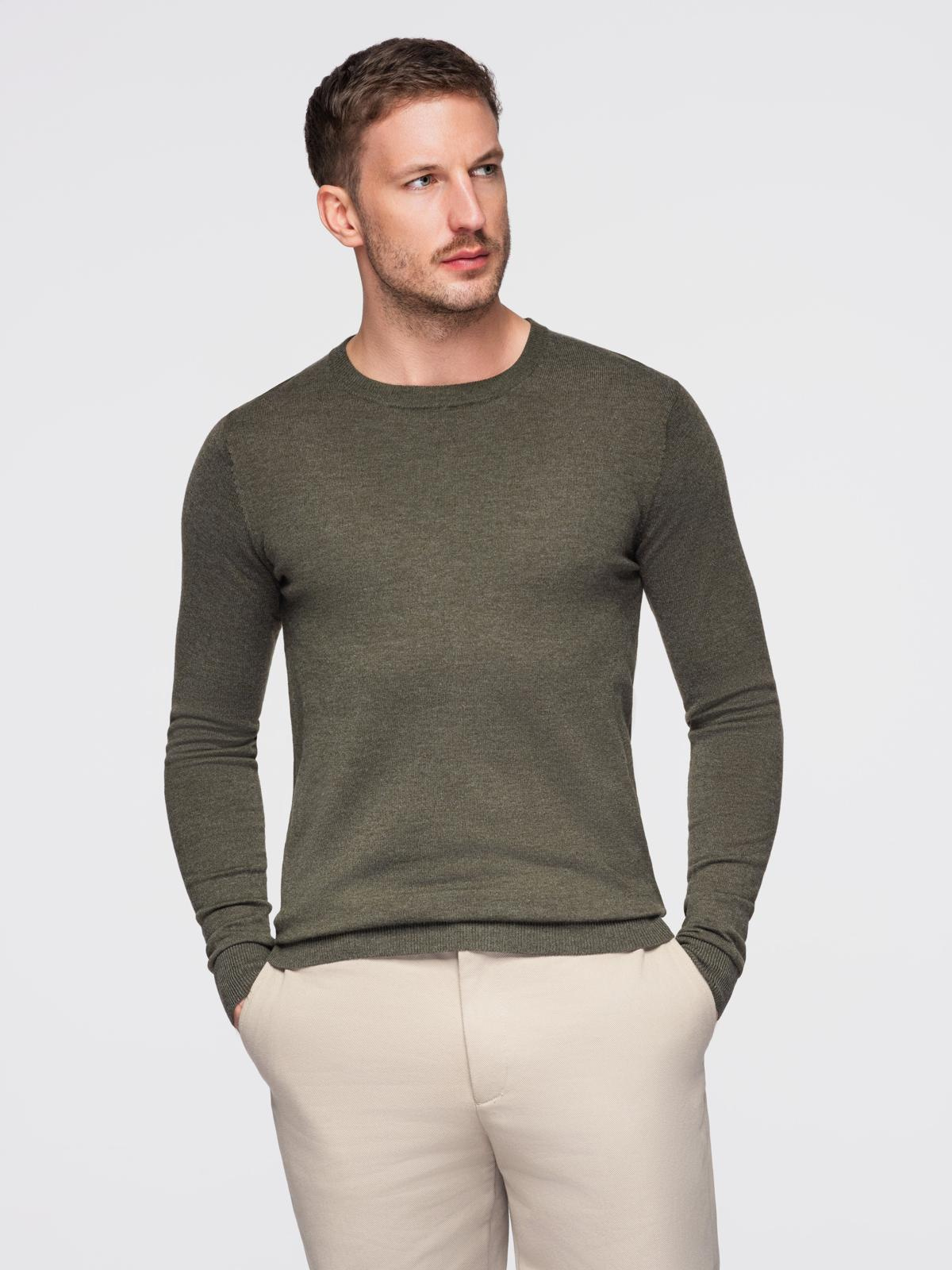 Ombre Men&#039;s BASIC viscose classic sweater with round neckline - olive melange