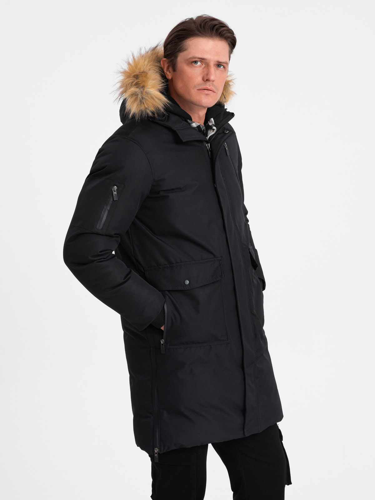 Levně Ombre Alaskan men's winter jacket with detachable fur from the hood - black