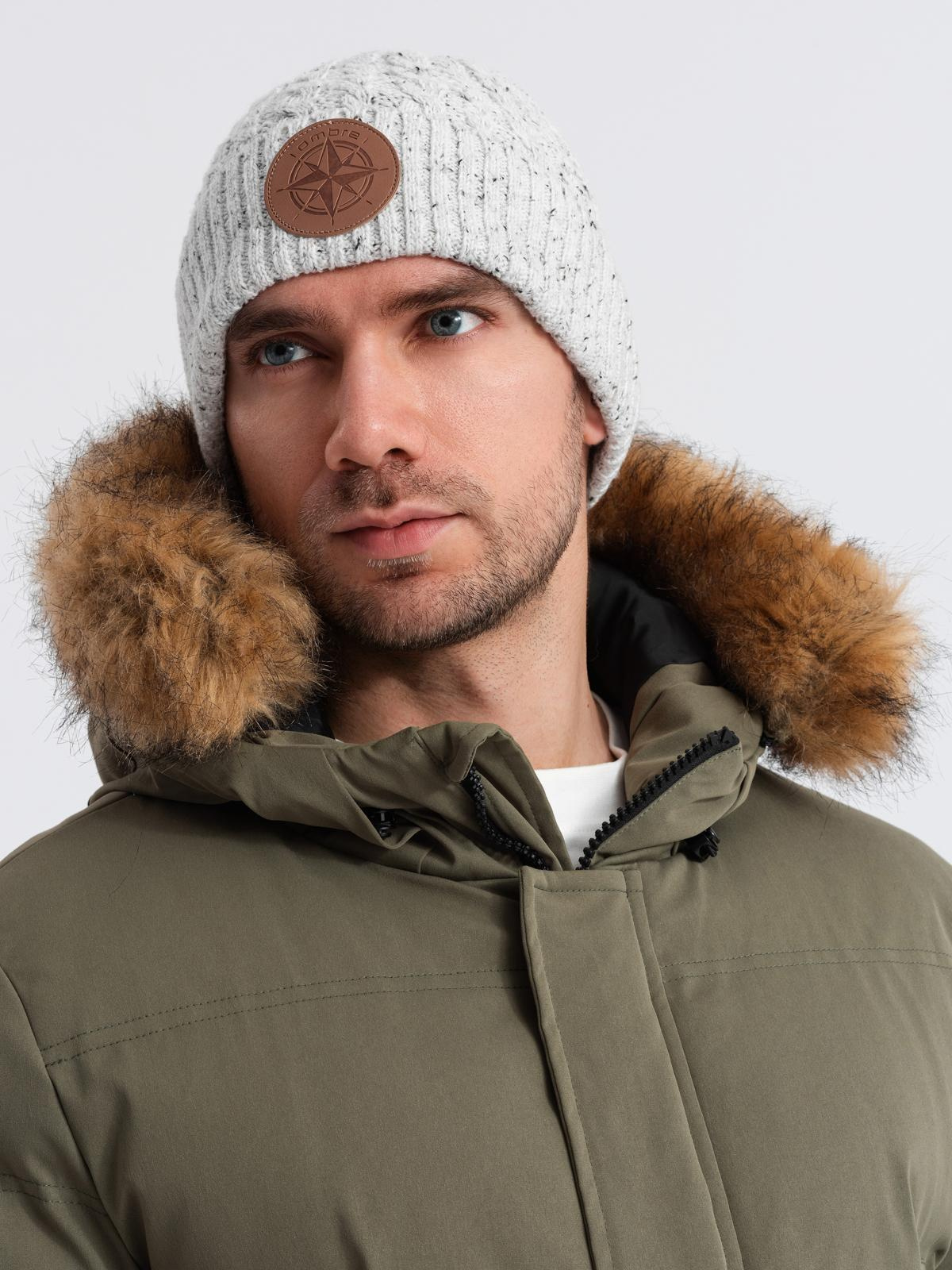 Ombre Men's beanie cap with round embossed patch - broken white