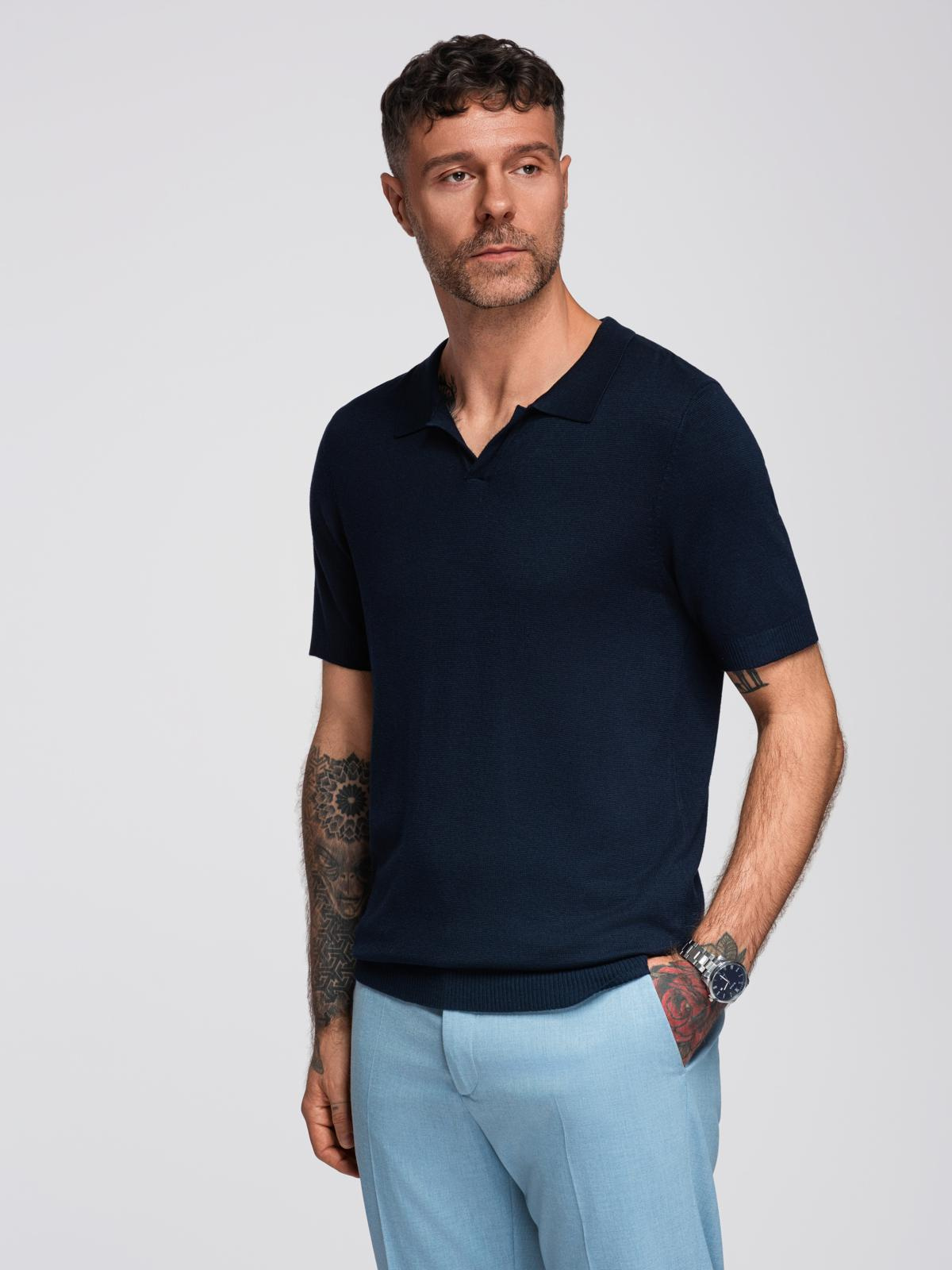 Ombre Men's buttonless polo shirt with classic weave - navy blue