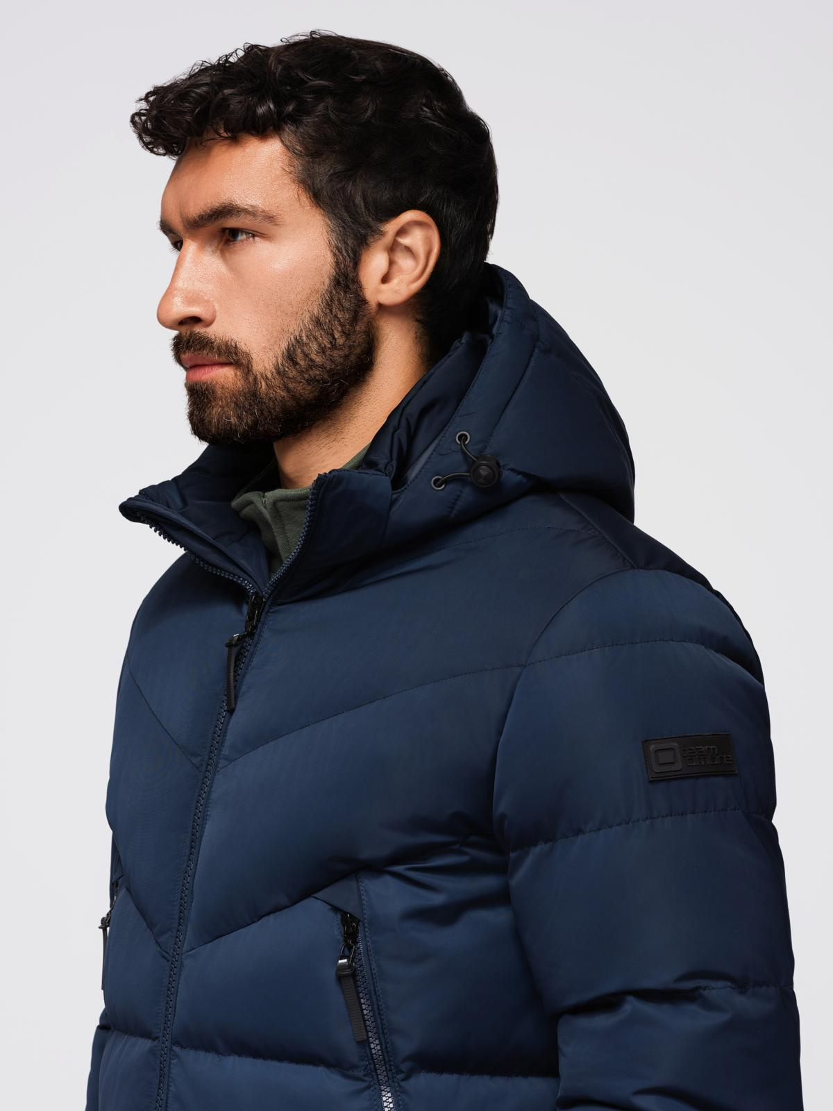Ombre Men&#039;s jacket with asymmetrical quilting and hood - navy blue