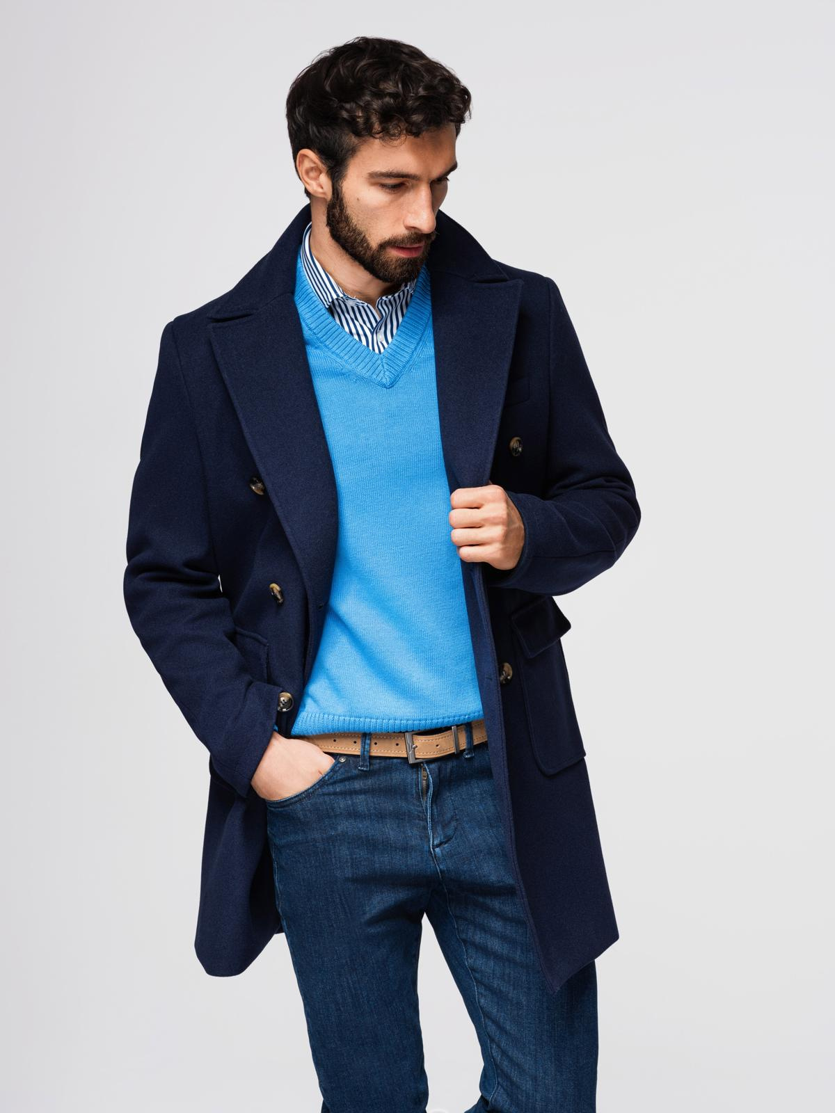 Ombre Men's double-breasted coat with decorative buttons - indigo