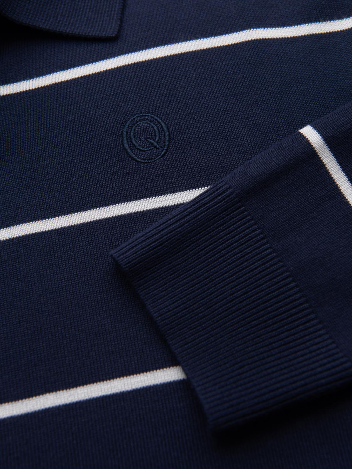 Ombre Men's horizontal striped polo longsleeve with viscose - navy blue and white