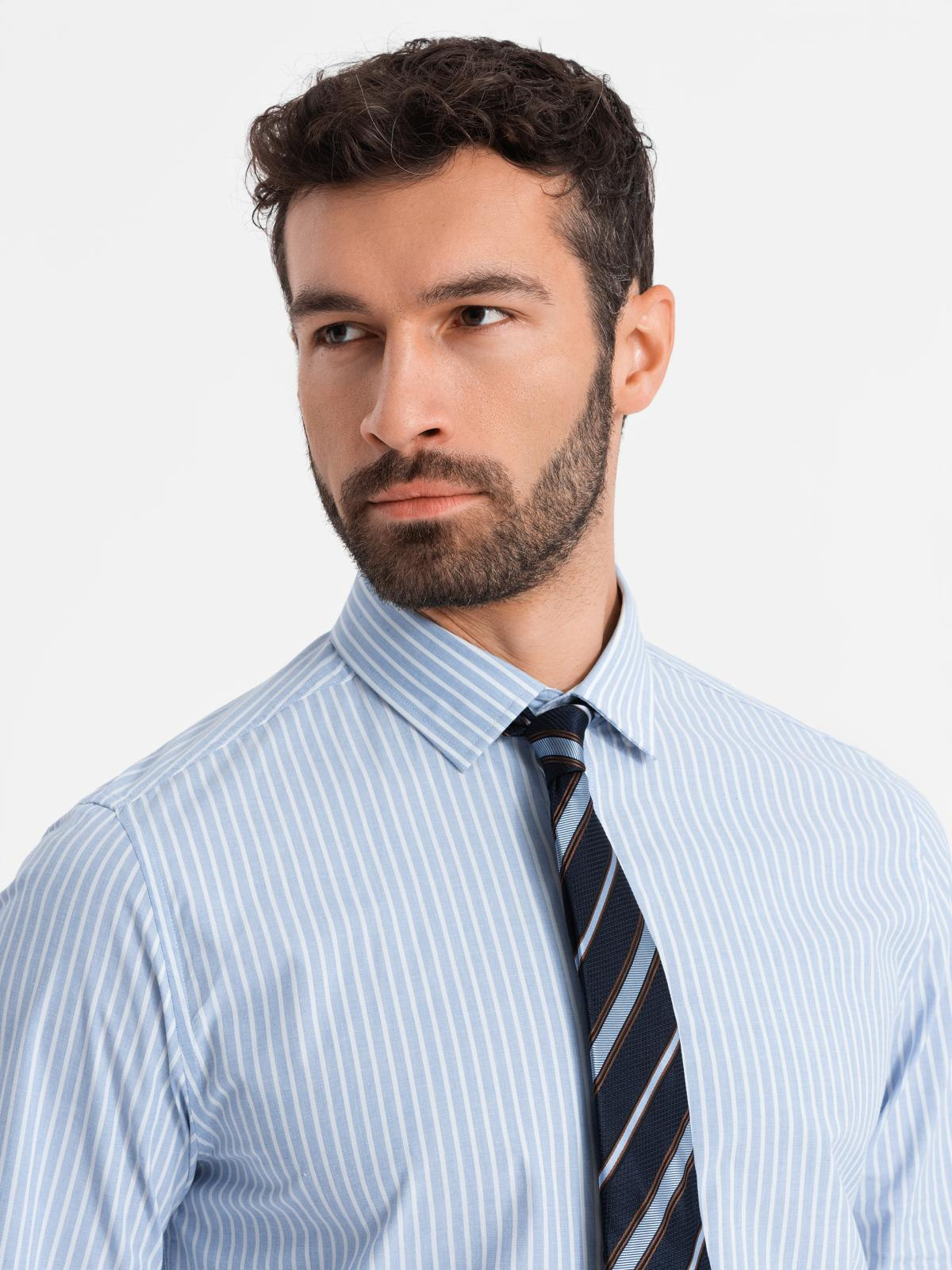 Ombre Men's REGULAR FIT cotton shirt with vertical stripes - blue and white OM-SHOS