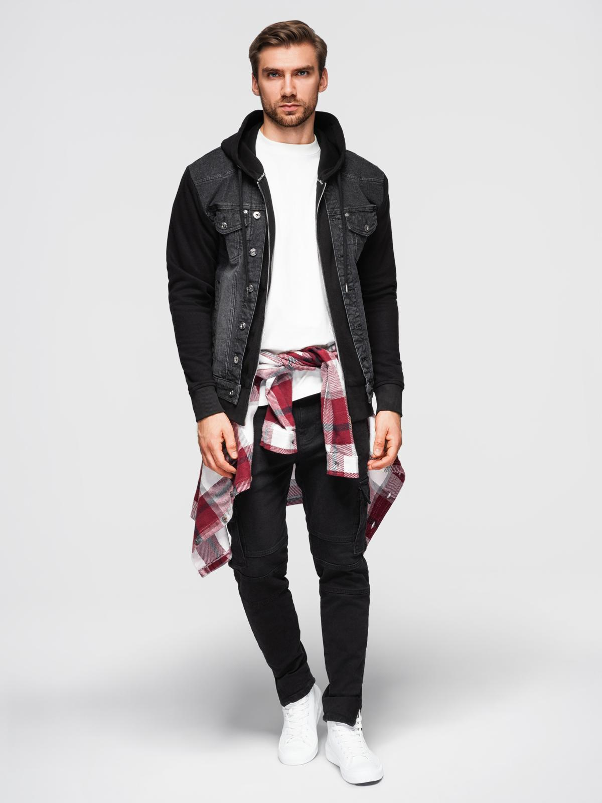 Ombre Men&#039;s denim jacket with knitted sleeves and hood - black
