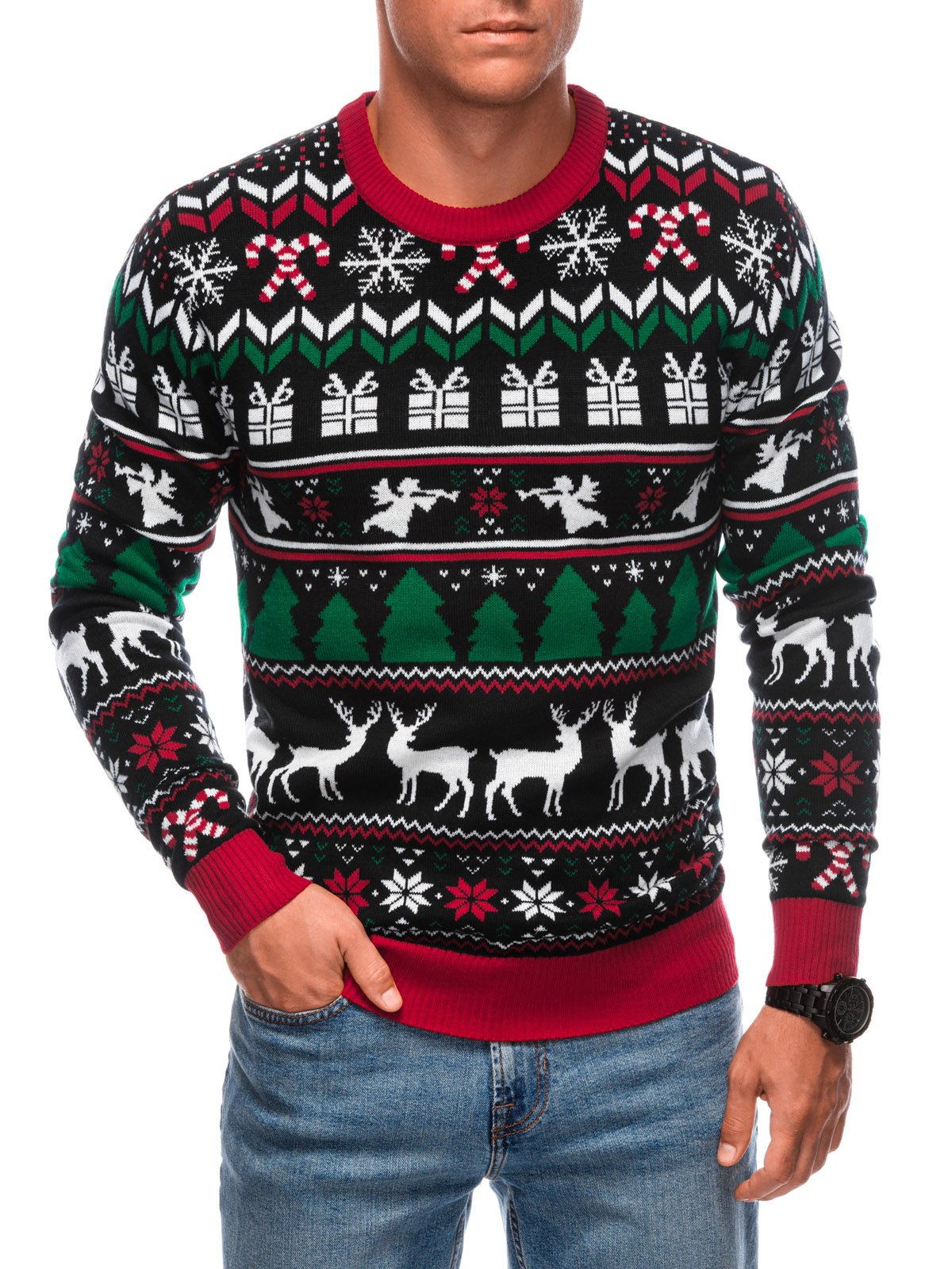 Edoti Men's Norwegian Winter Sweater With Christmas Patterns - Black