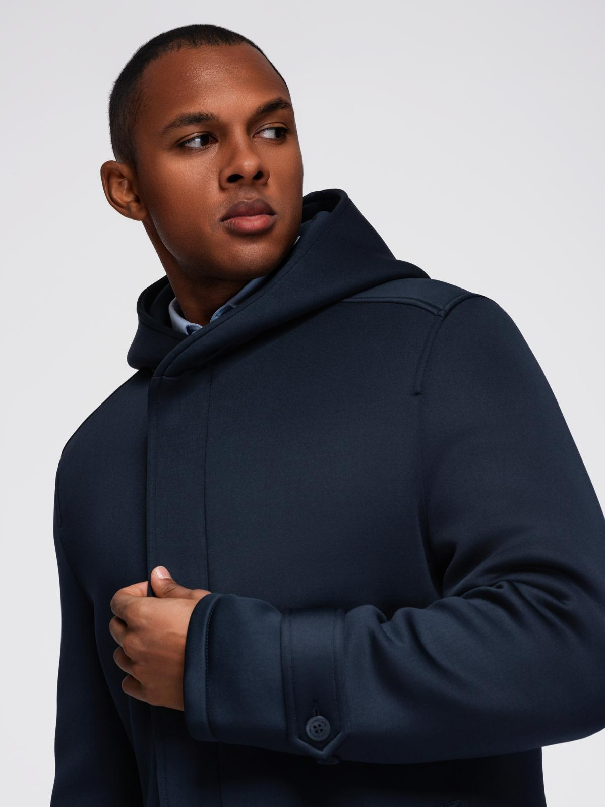 Ombre Minimalist men&#039;s mid-length coat with hood - navy blue