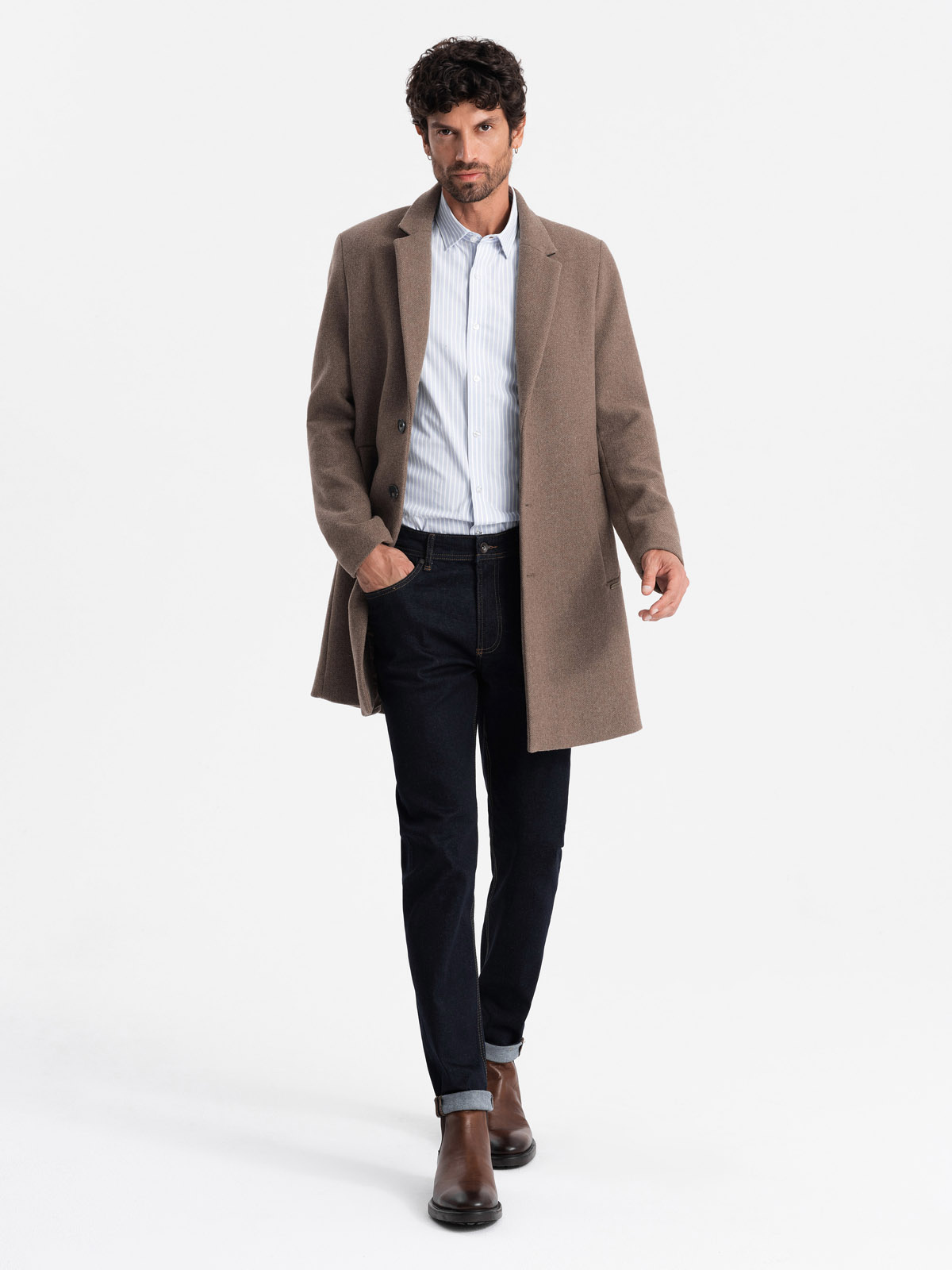 Ombre Elegant Single-breasted Men's Wool Coat - Brown