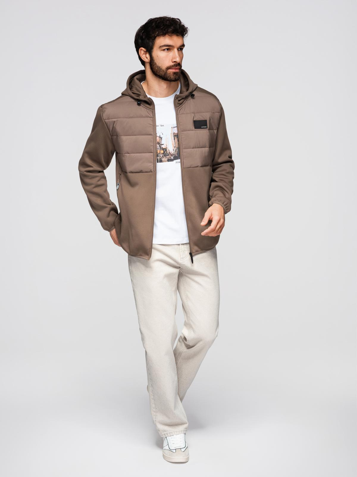 Ombre Men's lightweight jacket of combined materials with hood and decorative quilting - light brown