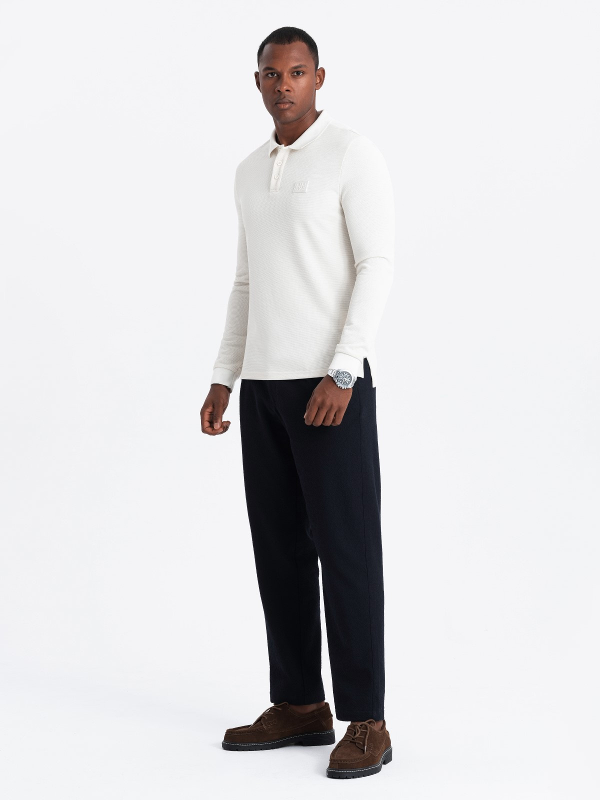 Ombre Structured men's polo longsleeve with patch - white