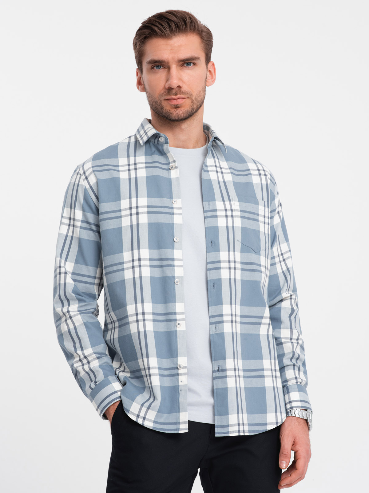 Ombre Classic men&#039;s flannel cotton plaid shirt - blue and cream