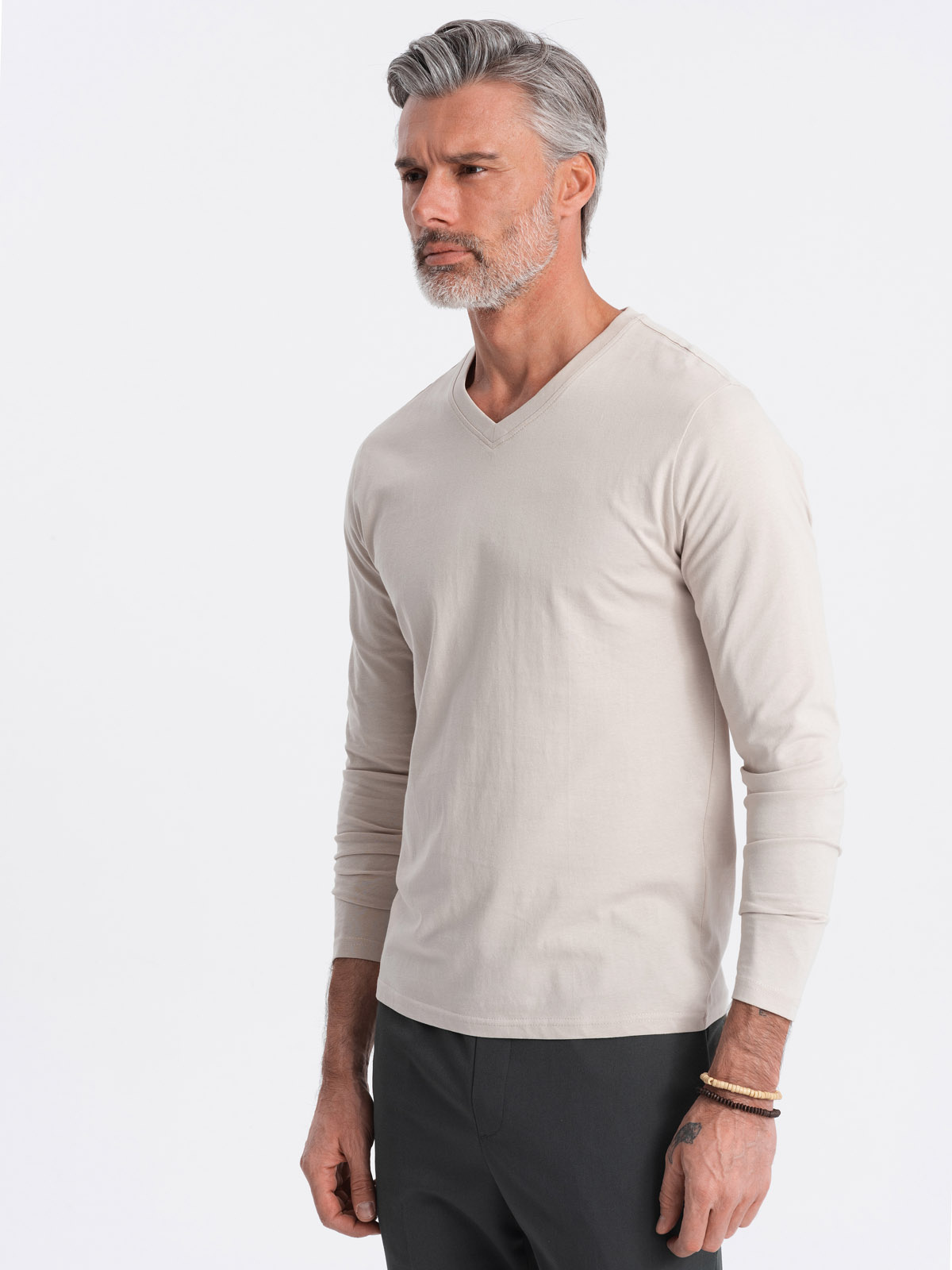 Ombre Men's Unprinted Longsleeve With V-neck - Light Beige