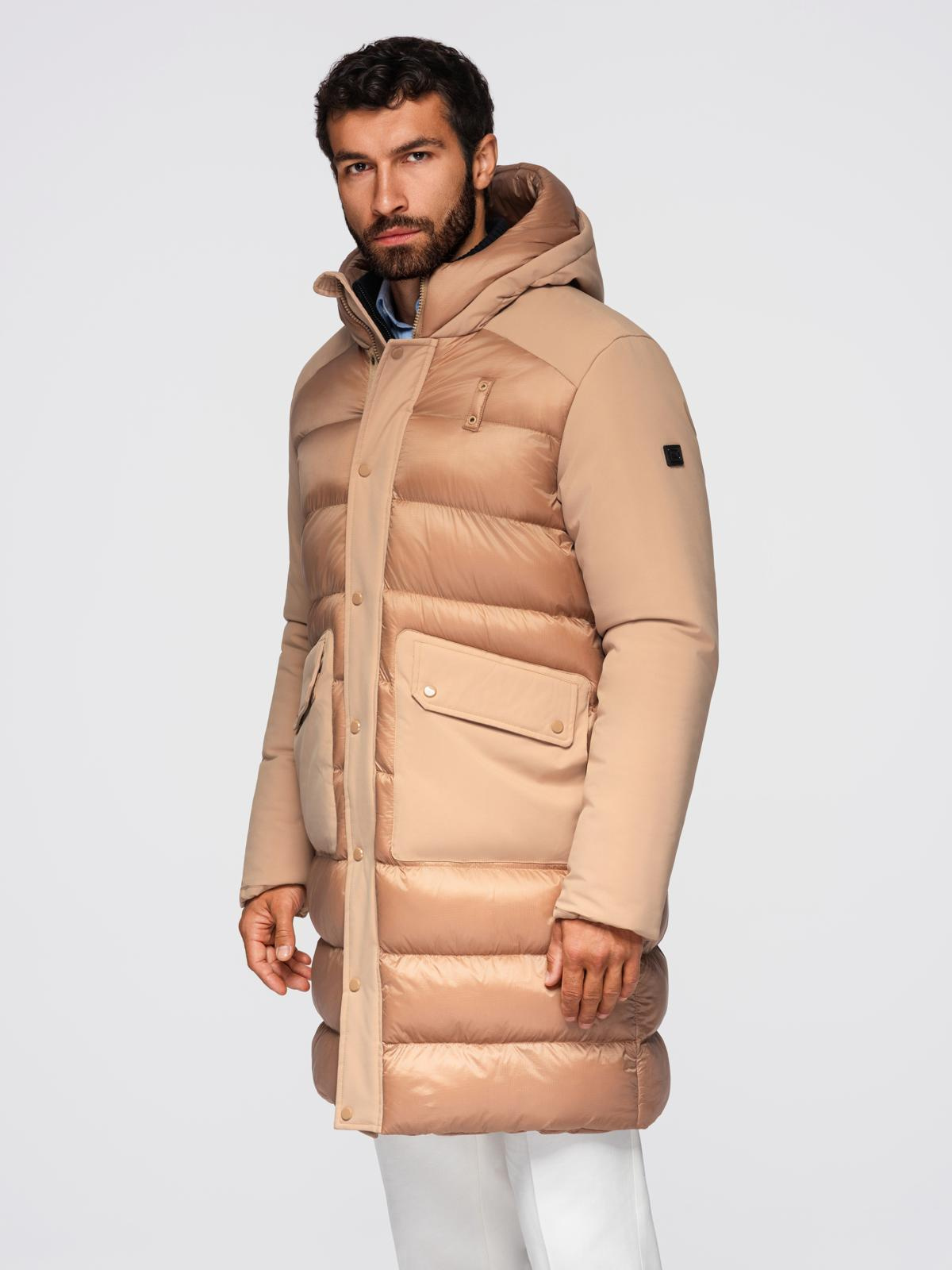 Ombre Men&#039;s long quilted jacket with large pockets - beige