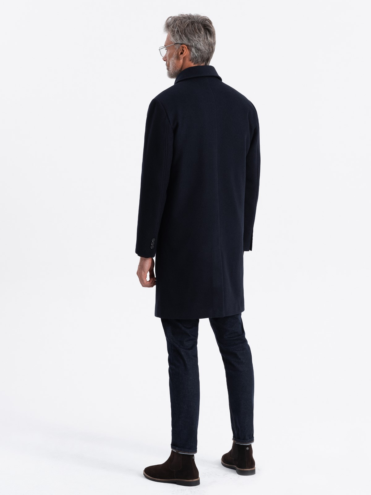 Ombre Men&#039;s long single-breasted coat with collar and undercoat - navy blue