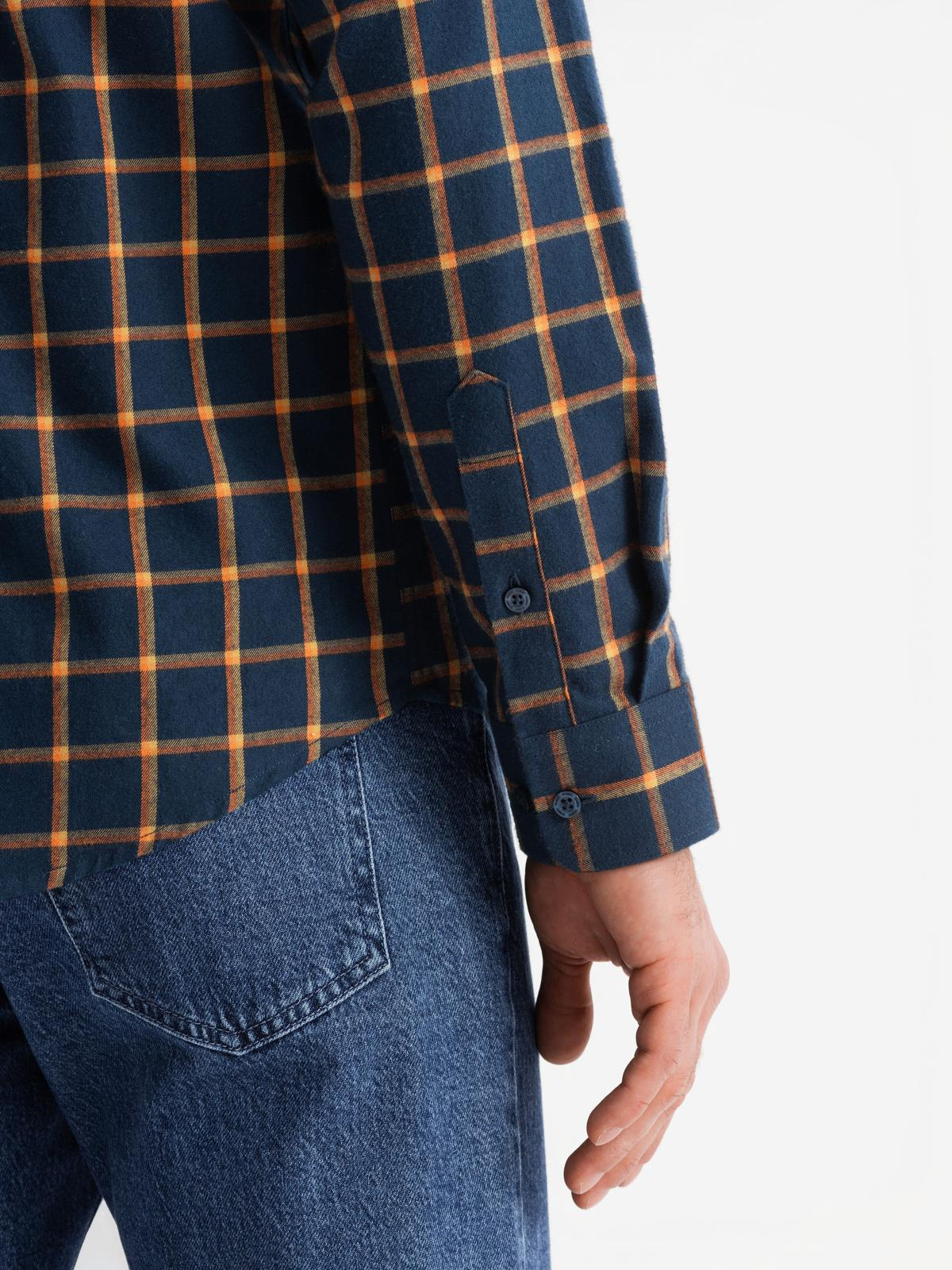Ombre Men's plaid flannel shirt SLIM FIT - navy blue and orange