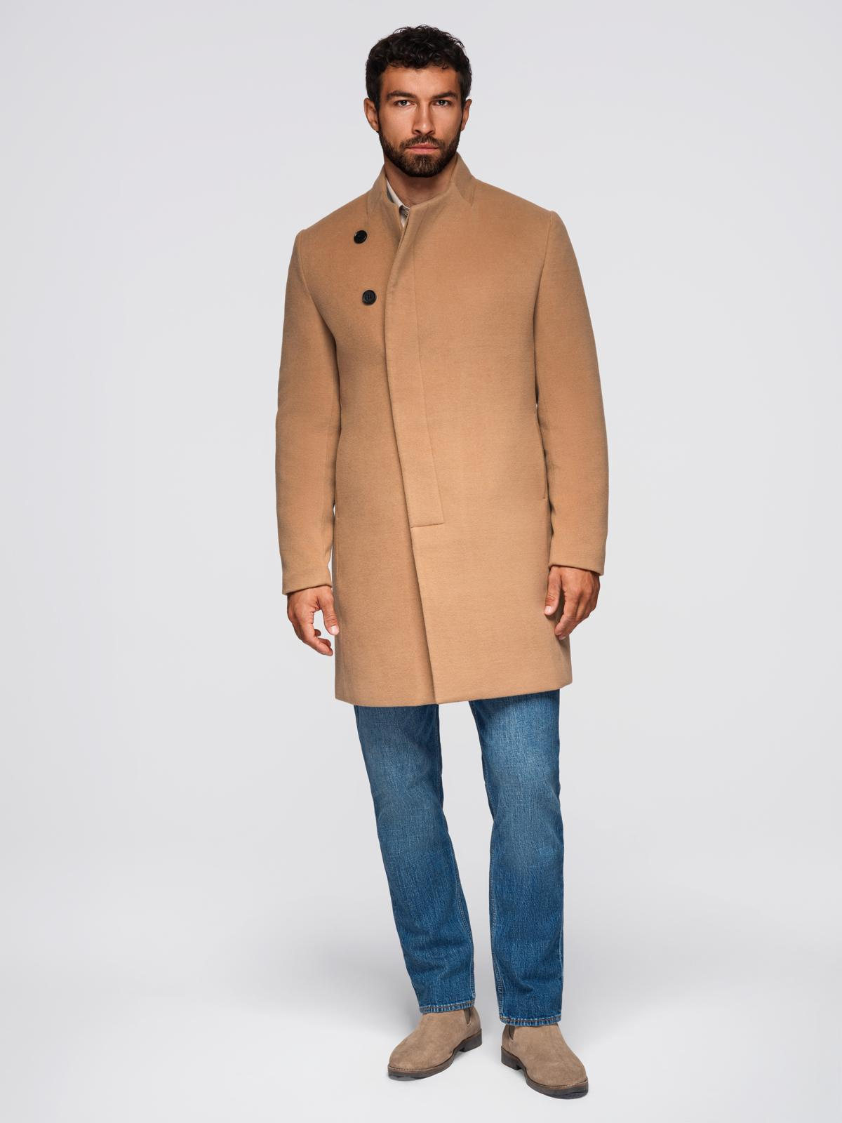 Ombre Men&#039;s coat with asymmetrical fastening and high collar - light brown