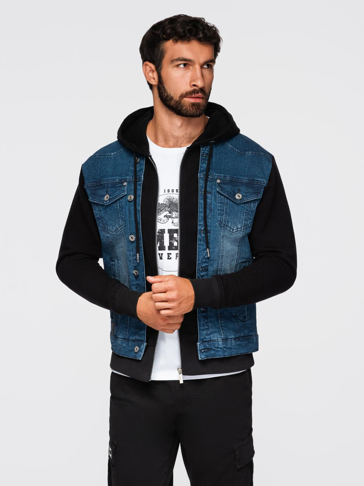 Ombre Men&#039;s denim jacket with knitted sleeves and hood - blue and black