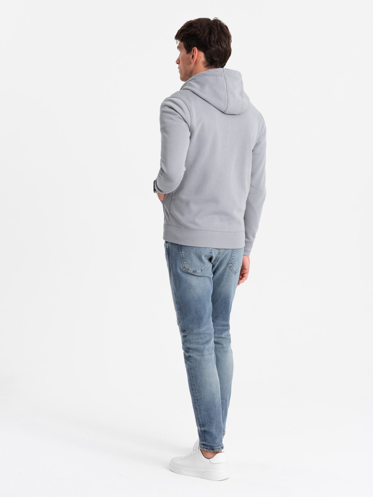 Ombre Men's unbuttoned sweatshirt with hood and patch - grey