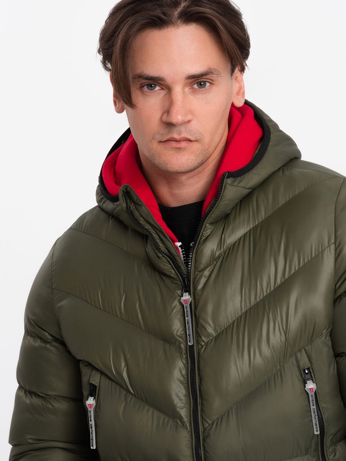 Ombre Men's quilted winter jacket with combined materials - dark olive green