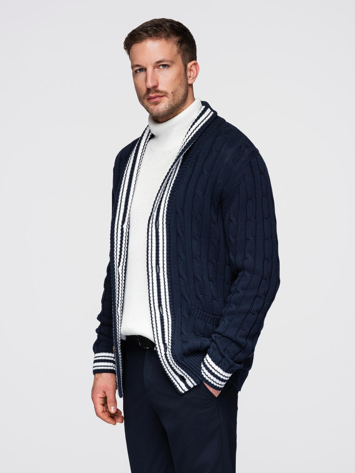 Ombre Men's cardigan sweater with shawl collar in preppy style - navy blue