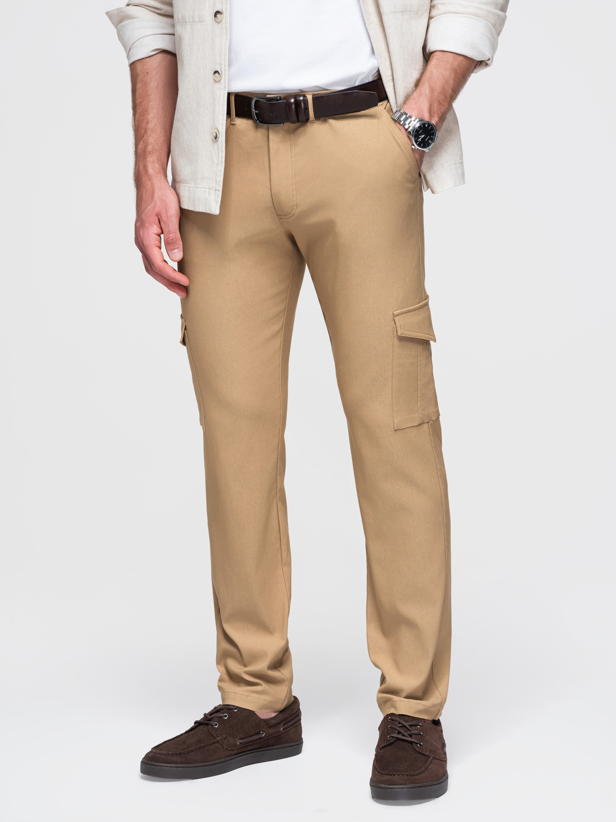 Ombre Men's REGULAR fabric pants with cargo pockets - light brown