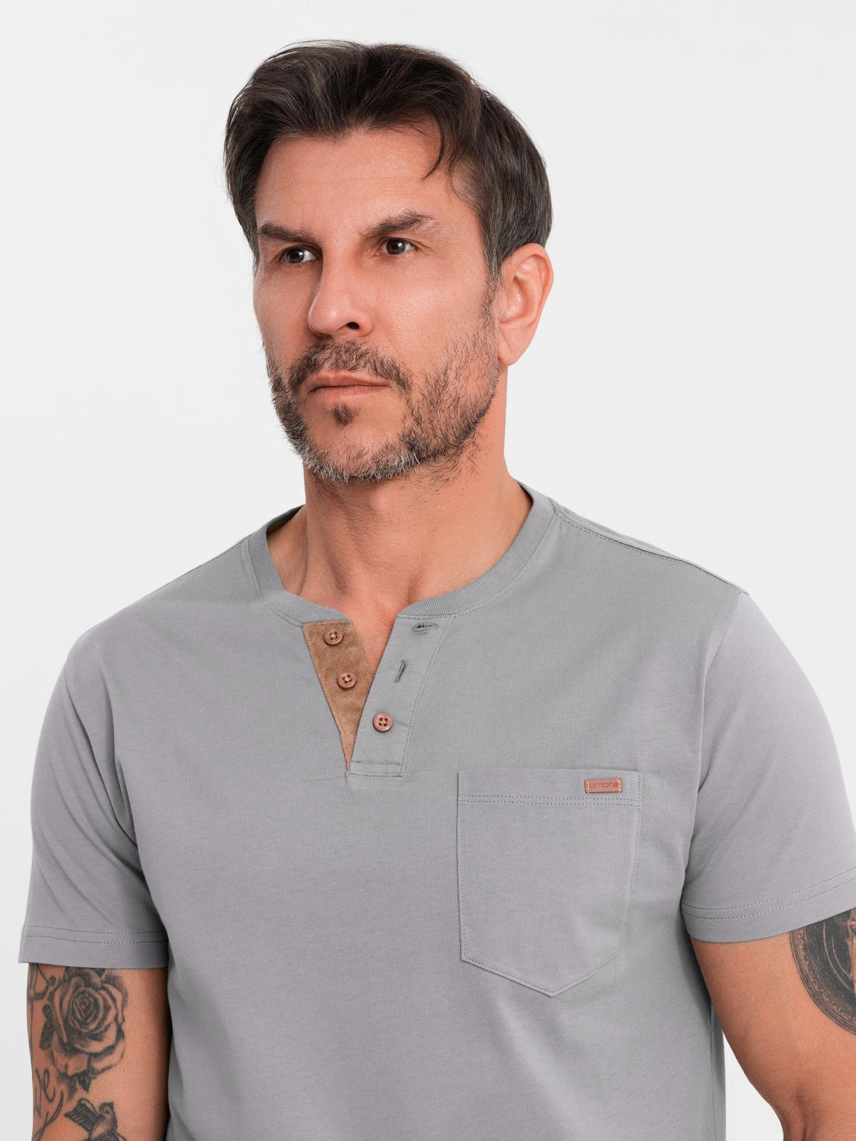 Ombre Men's t-shirt with button neckline and suede trim - grey