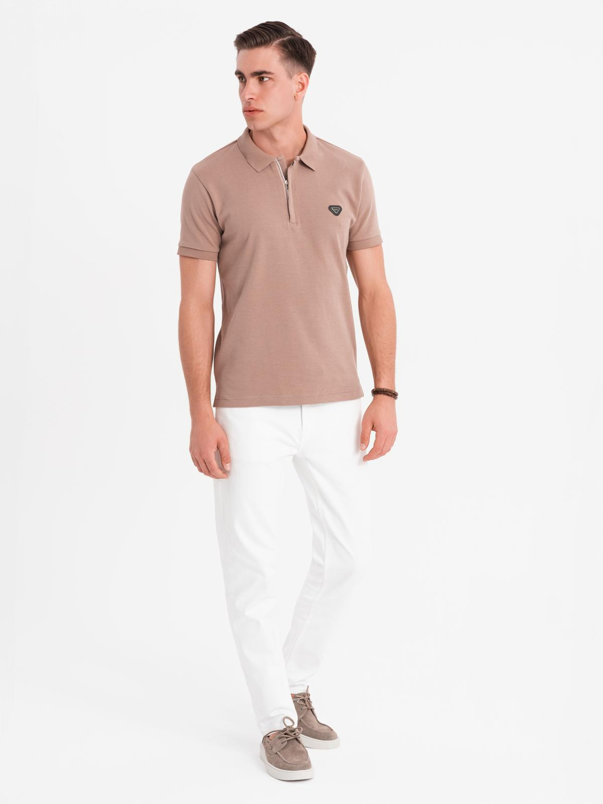 Ombre Men&#039;s polo shirt with zipper neckline - light brown