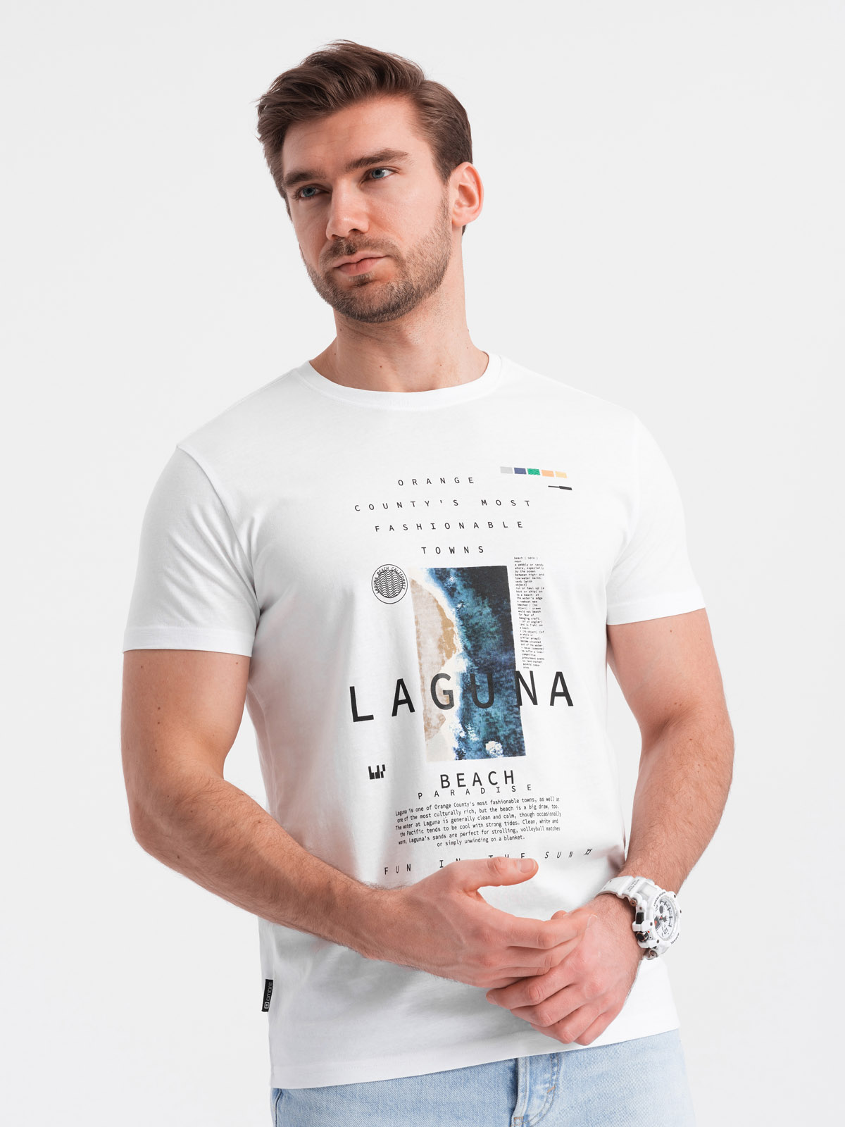 Levně Ombre Men's lagoon print cotton t-shirt - white