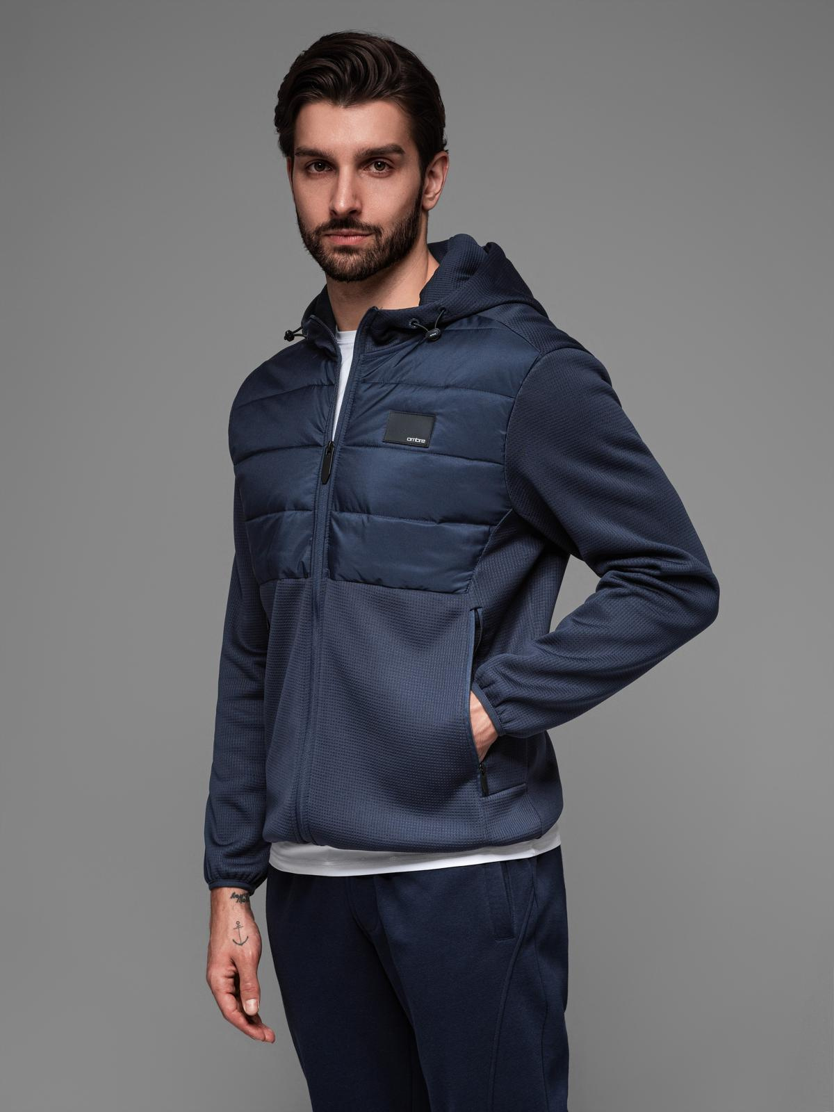 Ombre Men&#039;s lightweight jacket of combined materials with hood and decorative quilting - navy blue