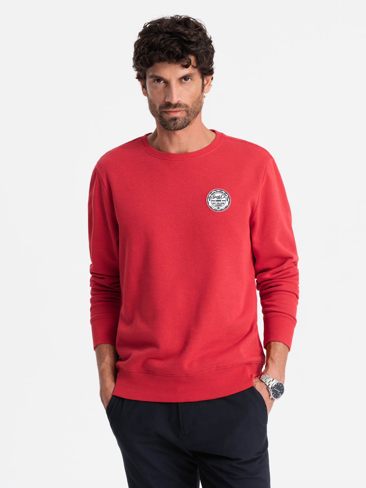 Ombre Men's Non-stretch Sweatshirt With College Style Patch - Red