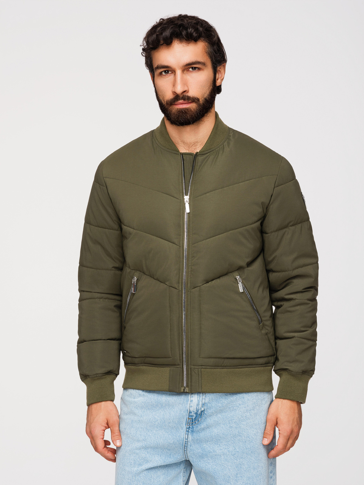 Ombre Men's quilted bomber jacket with metal zippers - dark olive green