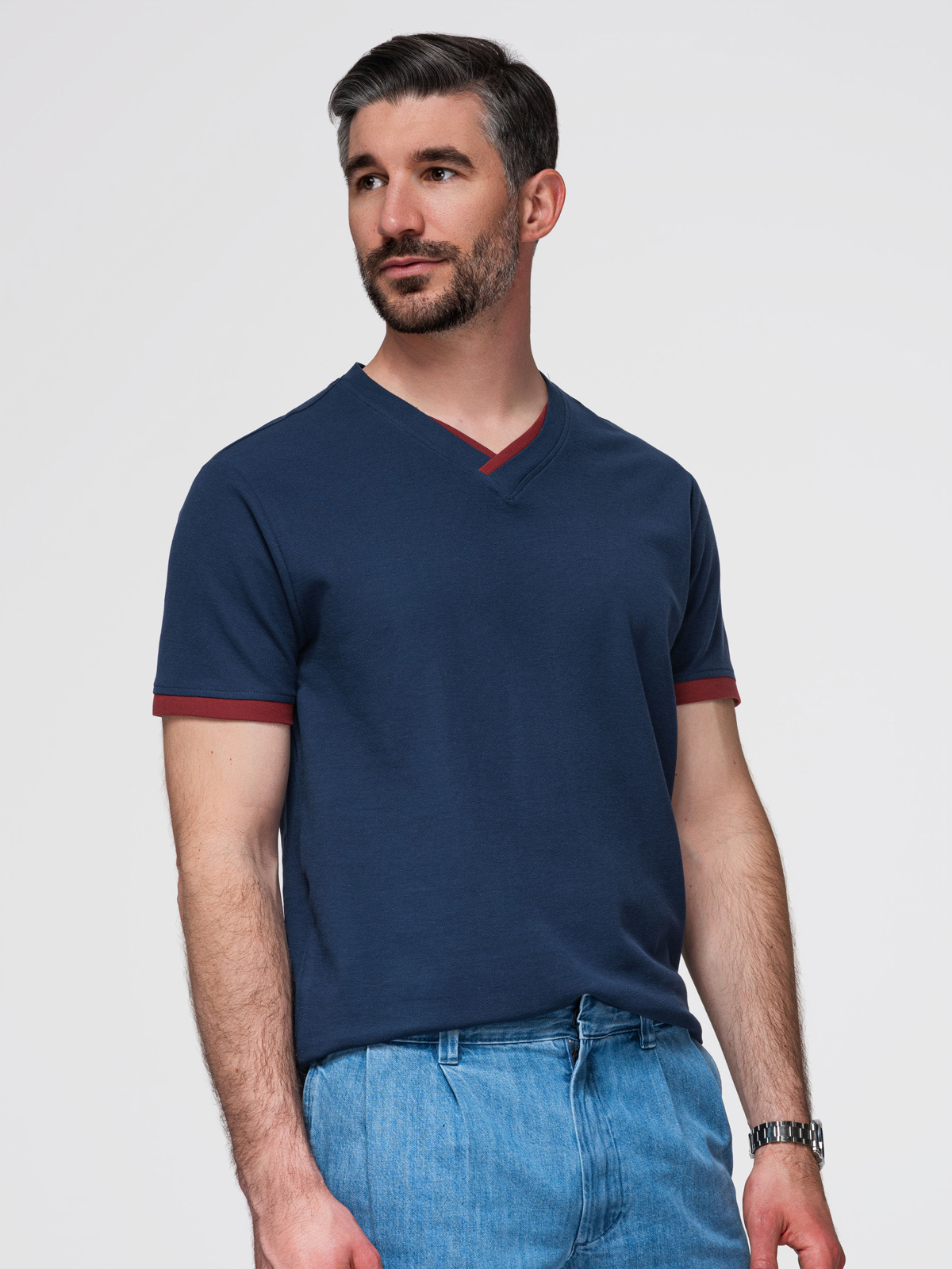 Ombre Men's T-shirt with contrasting inserts and v-neck - navy blue