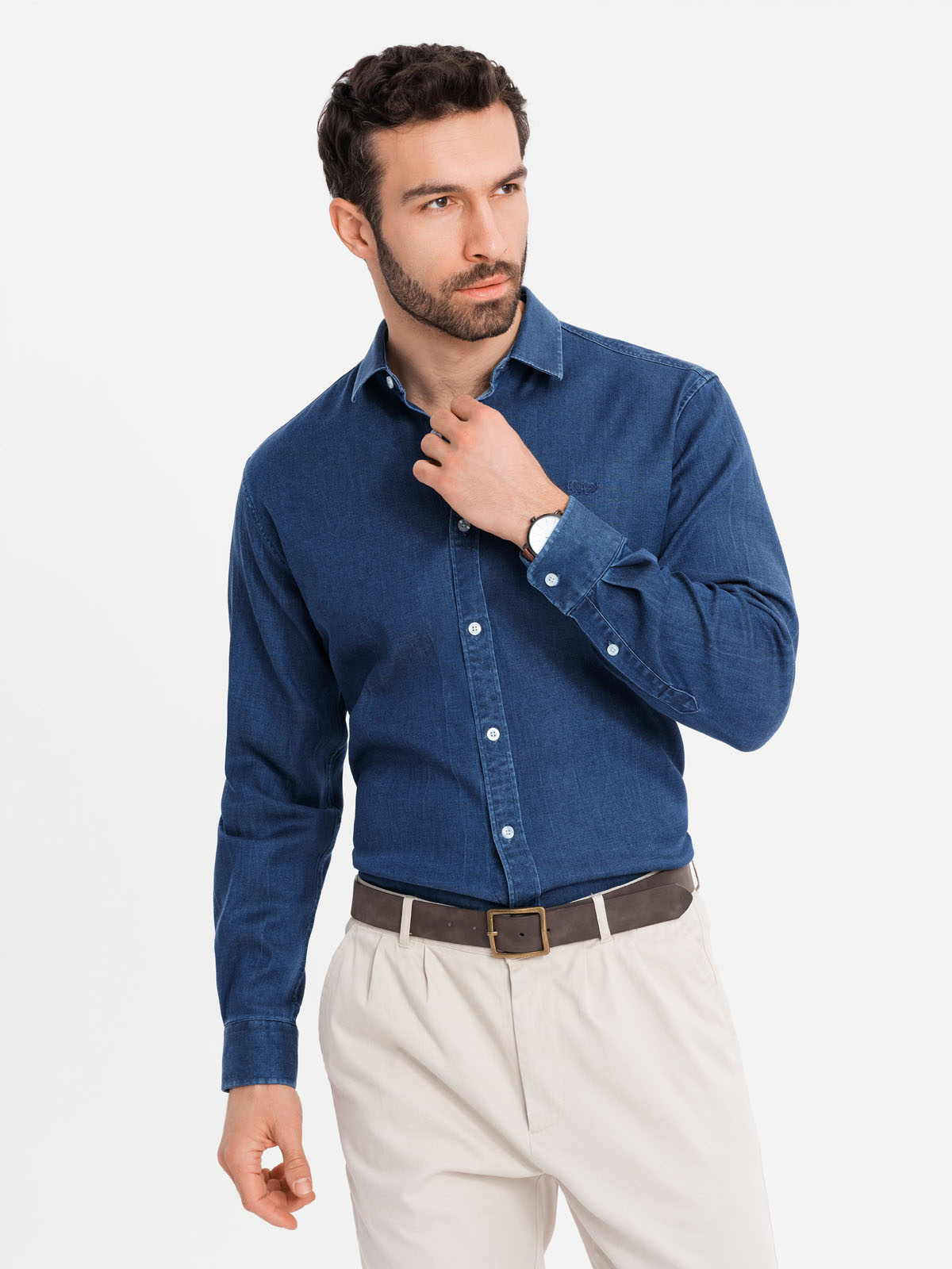 Ombre Men&#039;s denim shirt with lyocell and embroidery on chest - dark blue
