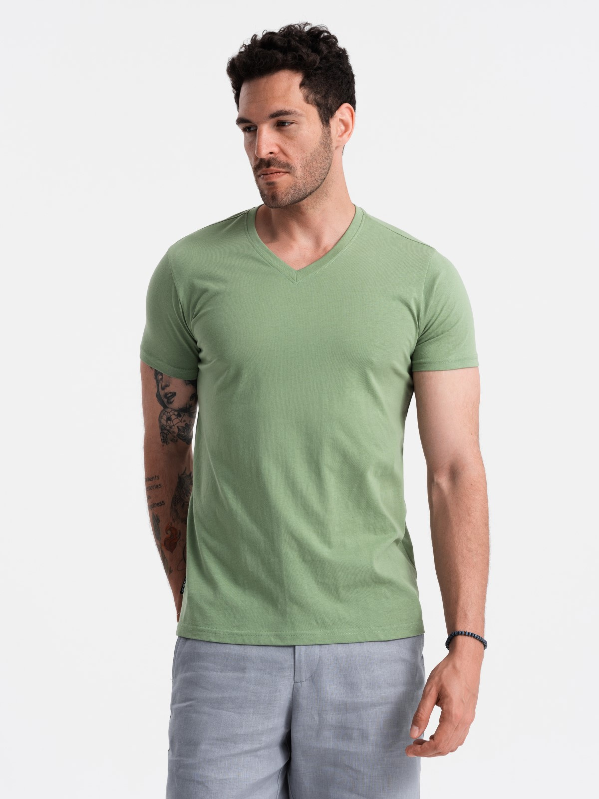 Ombre BASIC men's cotton classic tee with v-neck - green