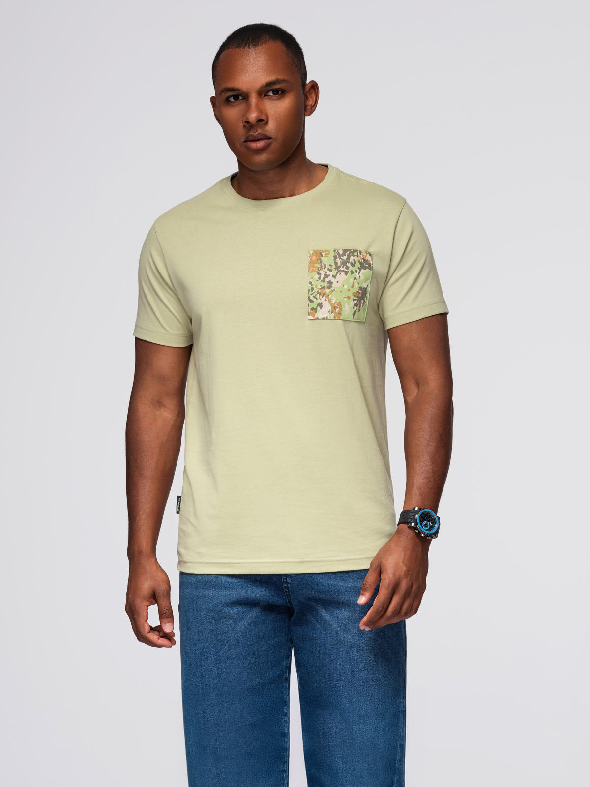 Ombre Men's cotton t-shirt with printed pocket - light grey