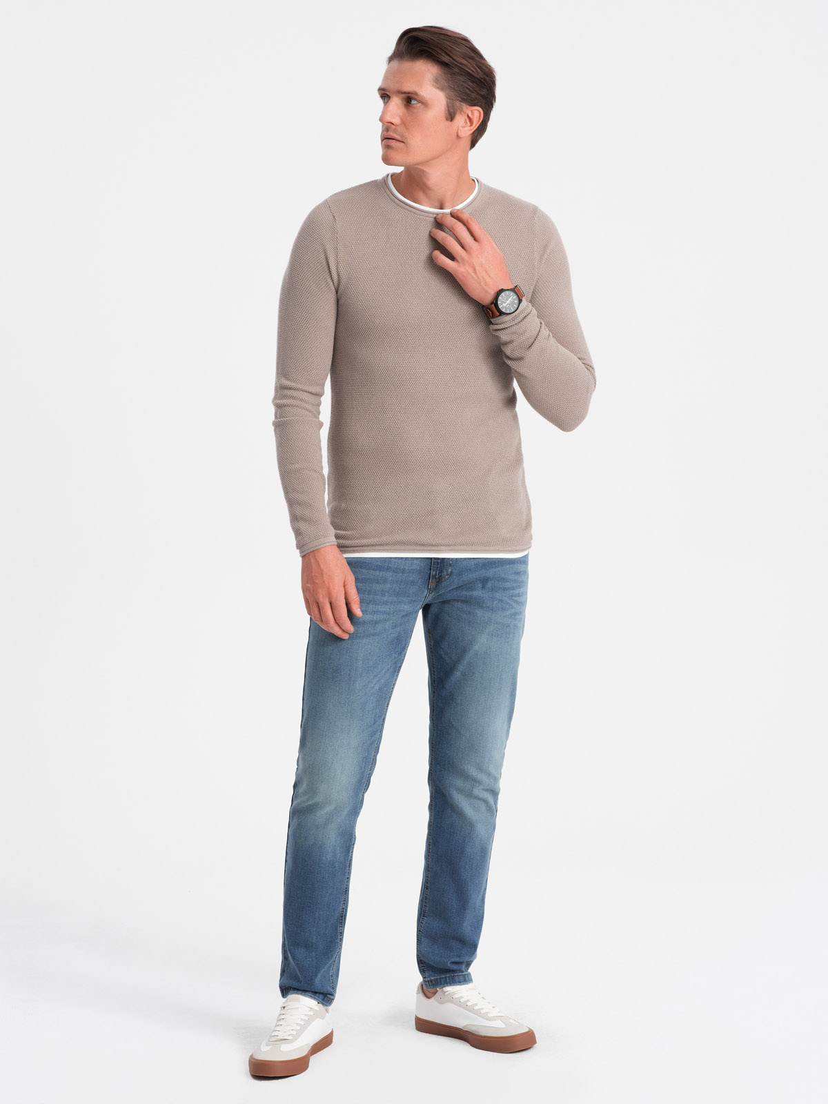 Ombre Men's cotton sweater with round neckline - cold beige