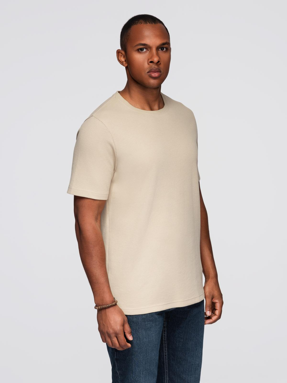 Ombre Men's waffle-textured T-shirt with round neckline - sand