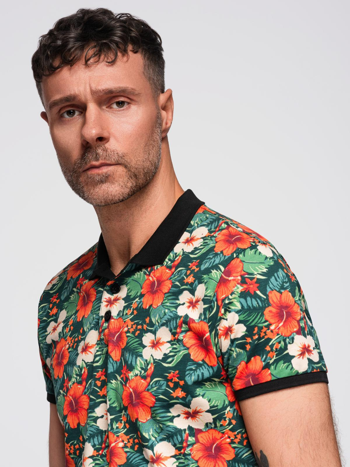 Ombre Cotton polo shirt with floral print - black