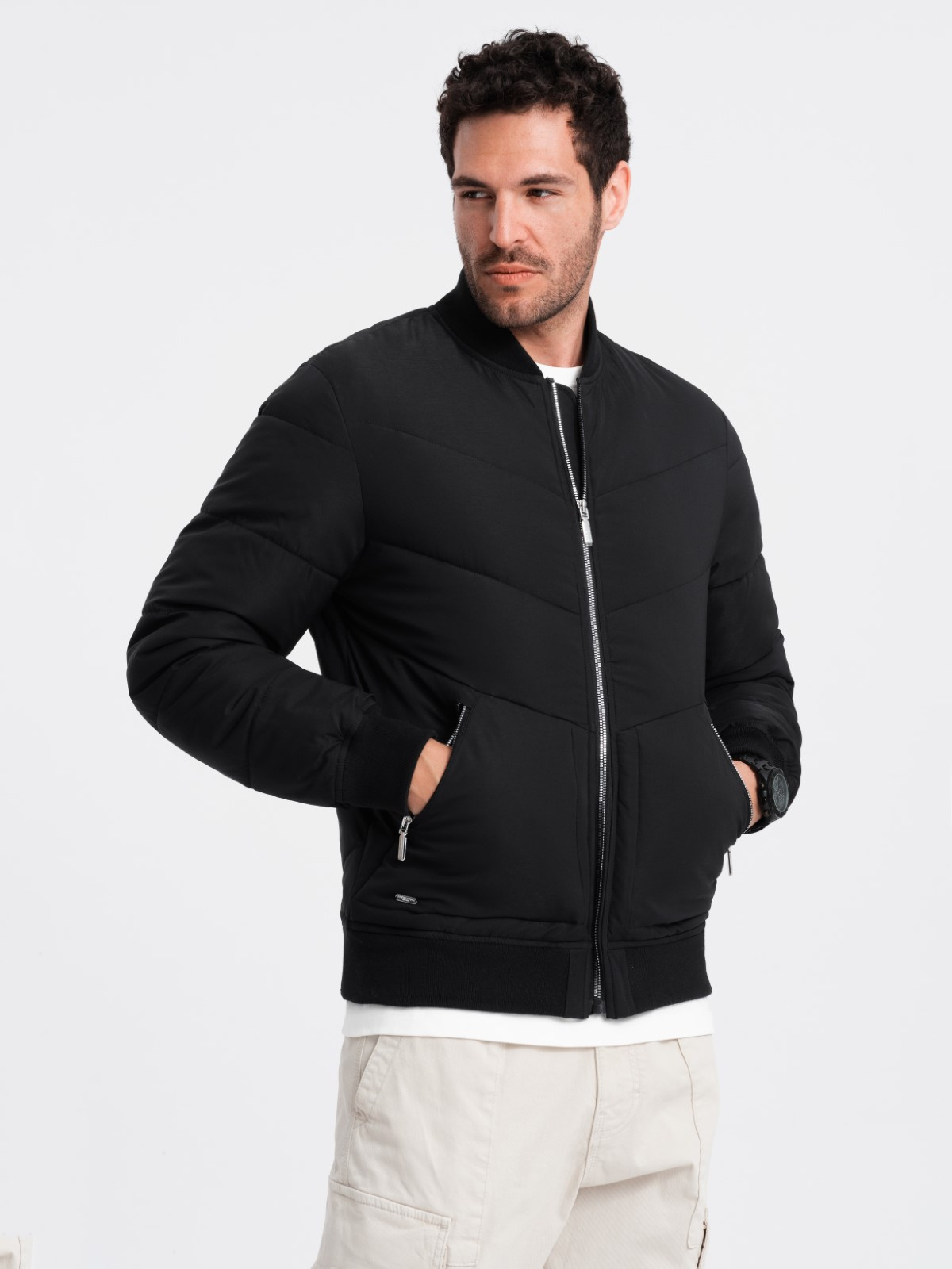 Ombre Men&#039;s quilted bomber jacket with metal zippers - black