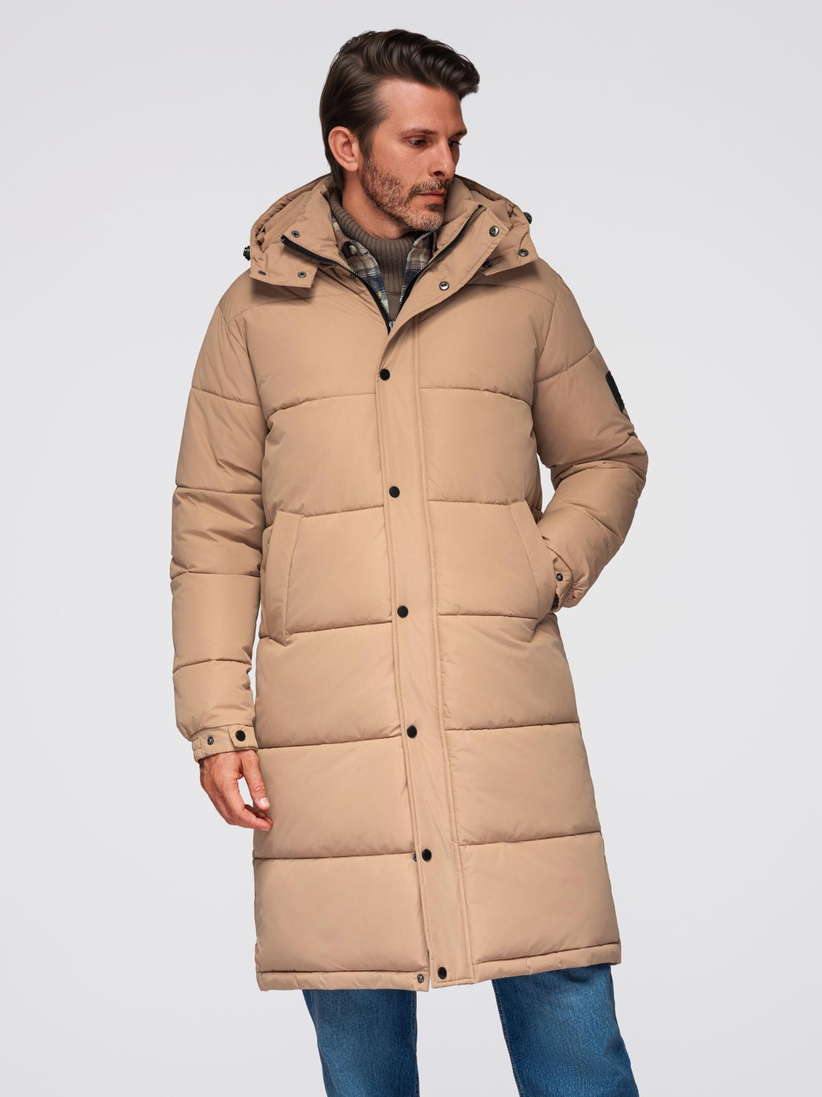 Ombre Men&#039;s quilted long jacket with detachable hood - beige