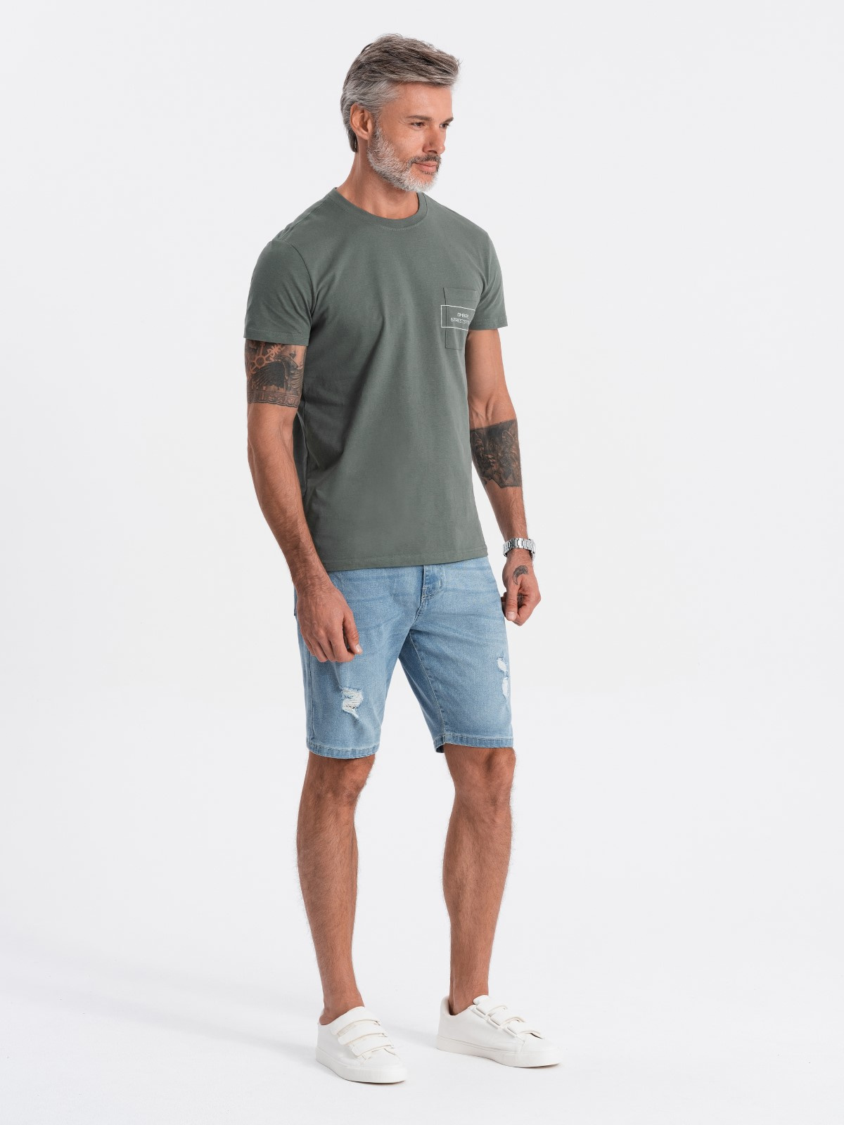 Ombre Men's denim short shorts with holes - light blue