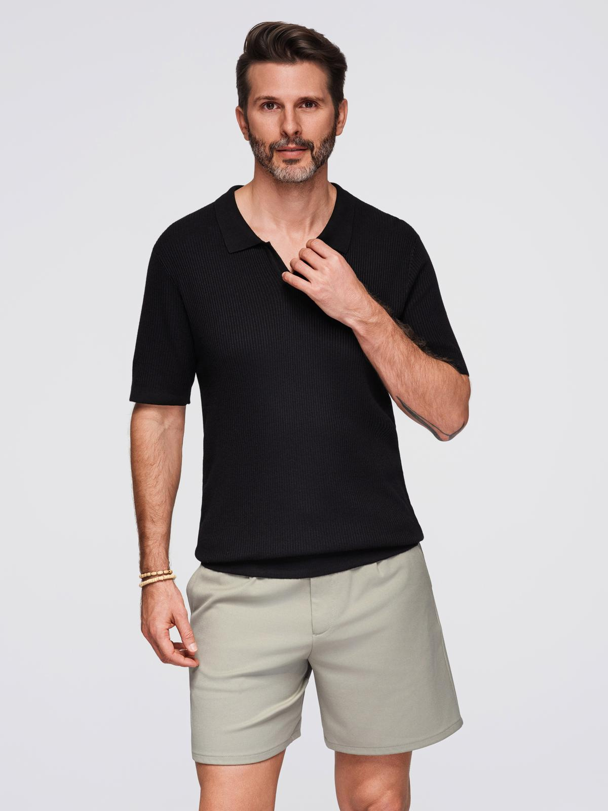 Ombre Men's buttonless polo shirt with open collar - black