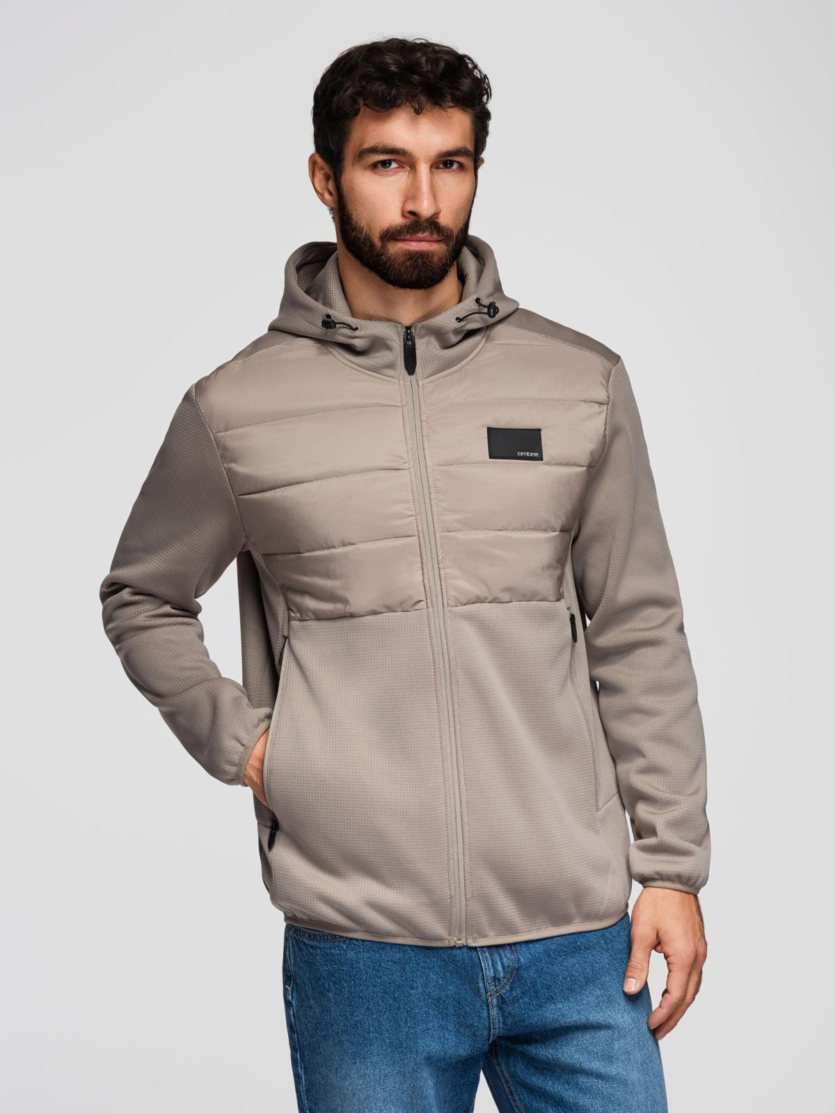 Ombre Men's lightweight jacket of combined materials with hood and decorative quilting - ash