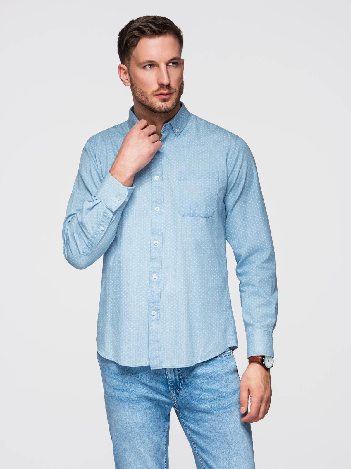 Ombre Men's patterned thin denim shirt with pocket - light blue