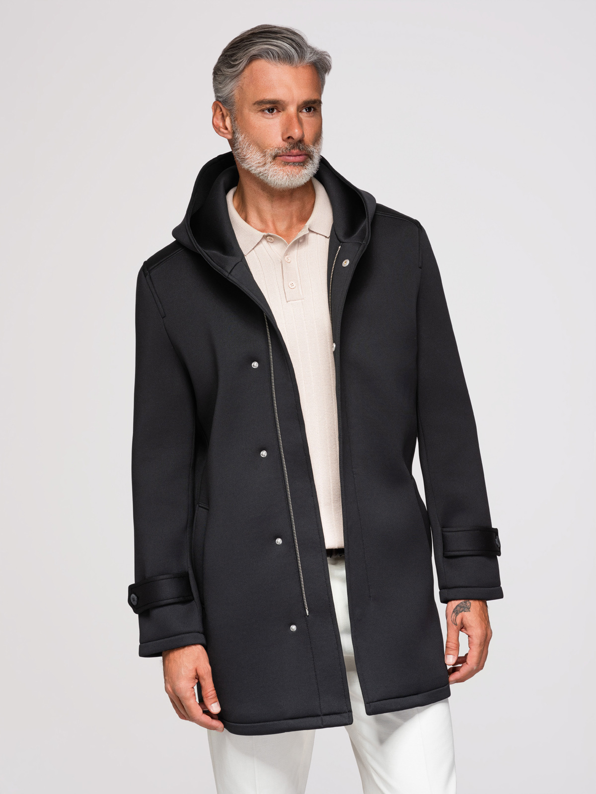 Ombre Men's minimalist medium length coat with hood - black