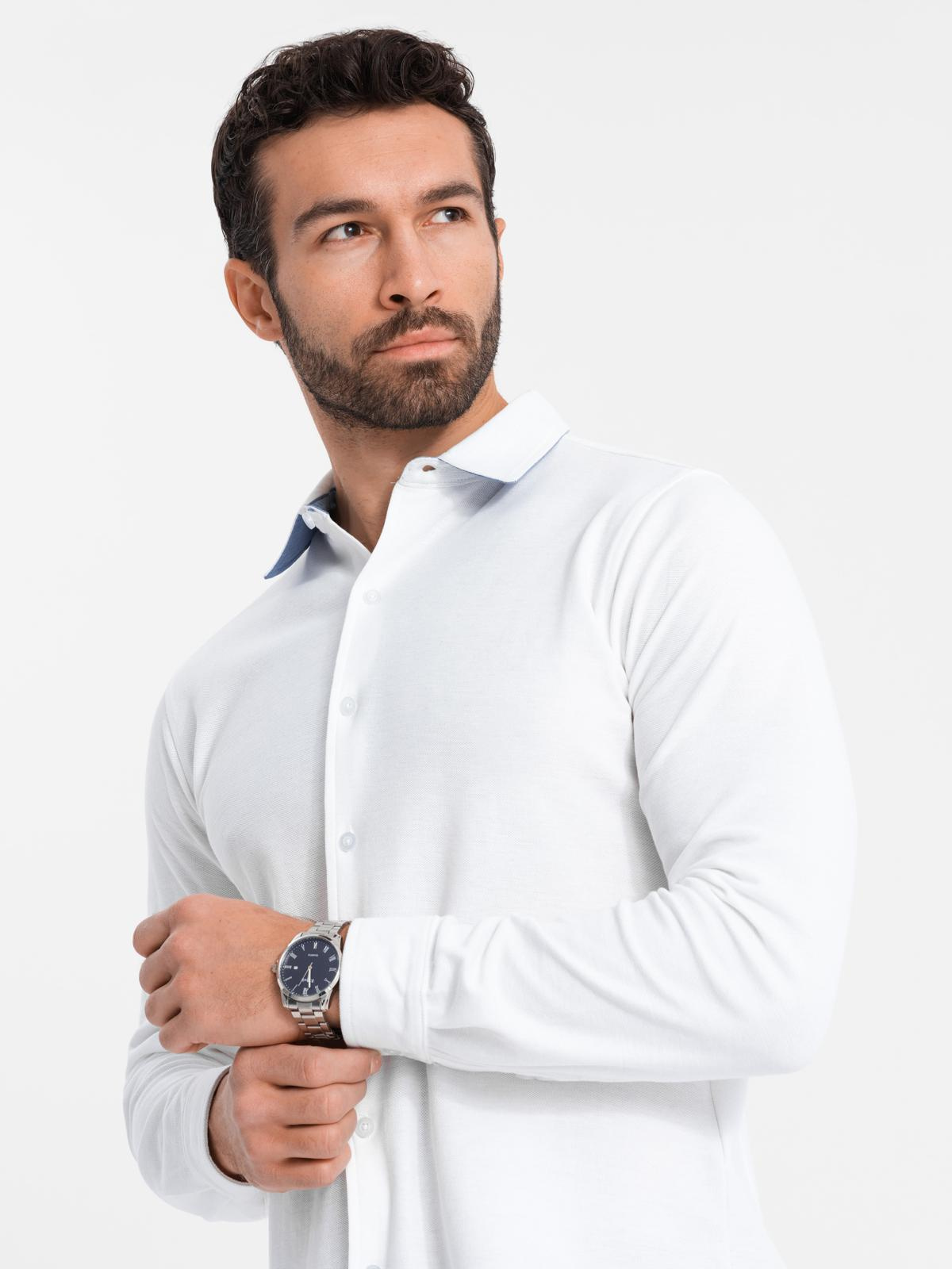 Ombre Men's knitted SLIM FIT long sleeve shirt - white