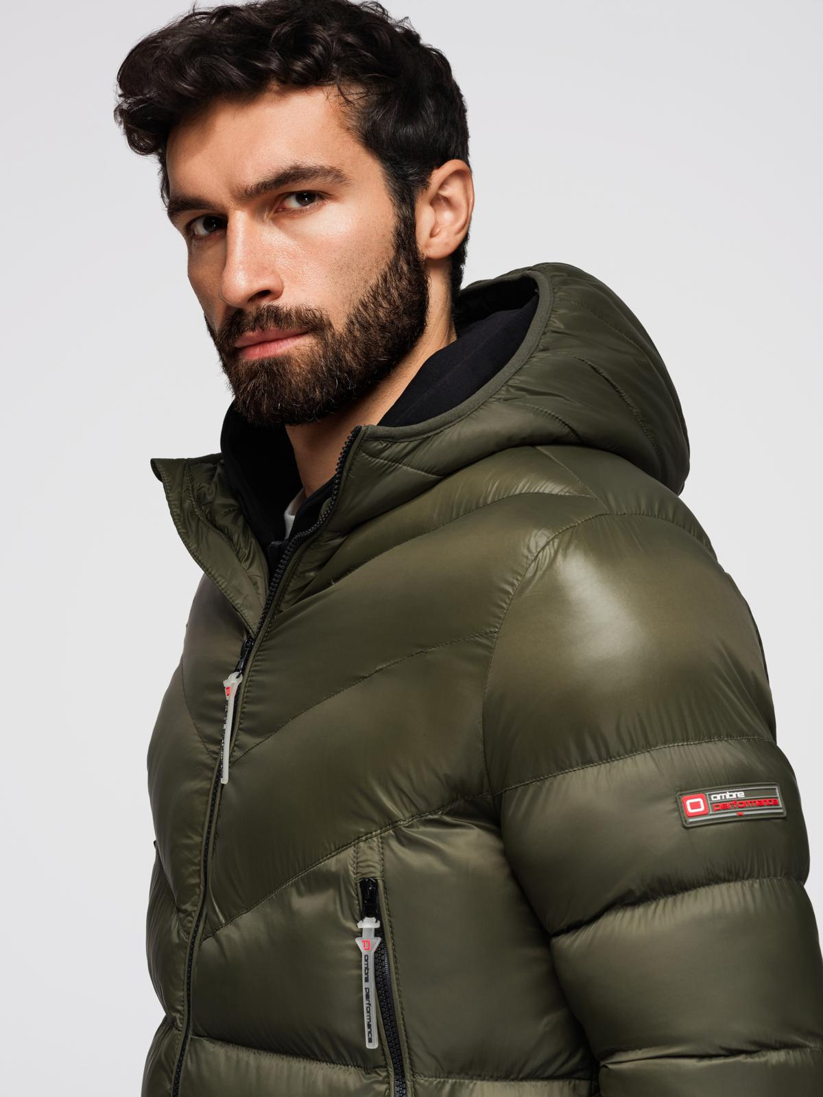 Ombre Men's quilted winter jacket with combined materials - dark olive green