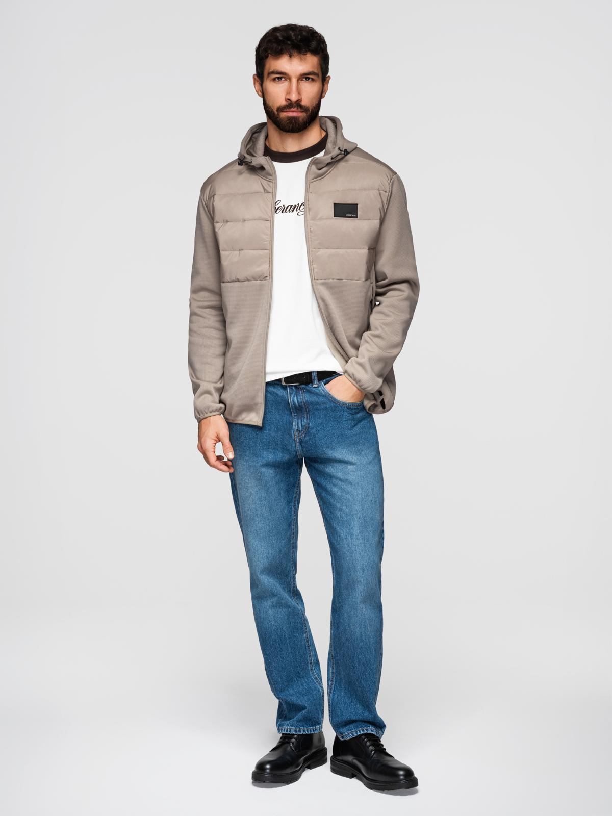 Ombre Men's lightweight jacket of combined materials with hood and decorative quilting - ash