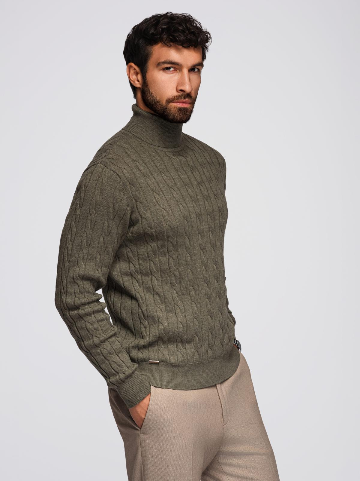 Ombre Men&#039;s turtleneck sweater with checkered weave - olive